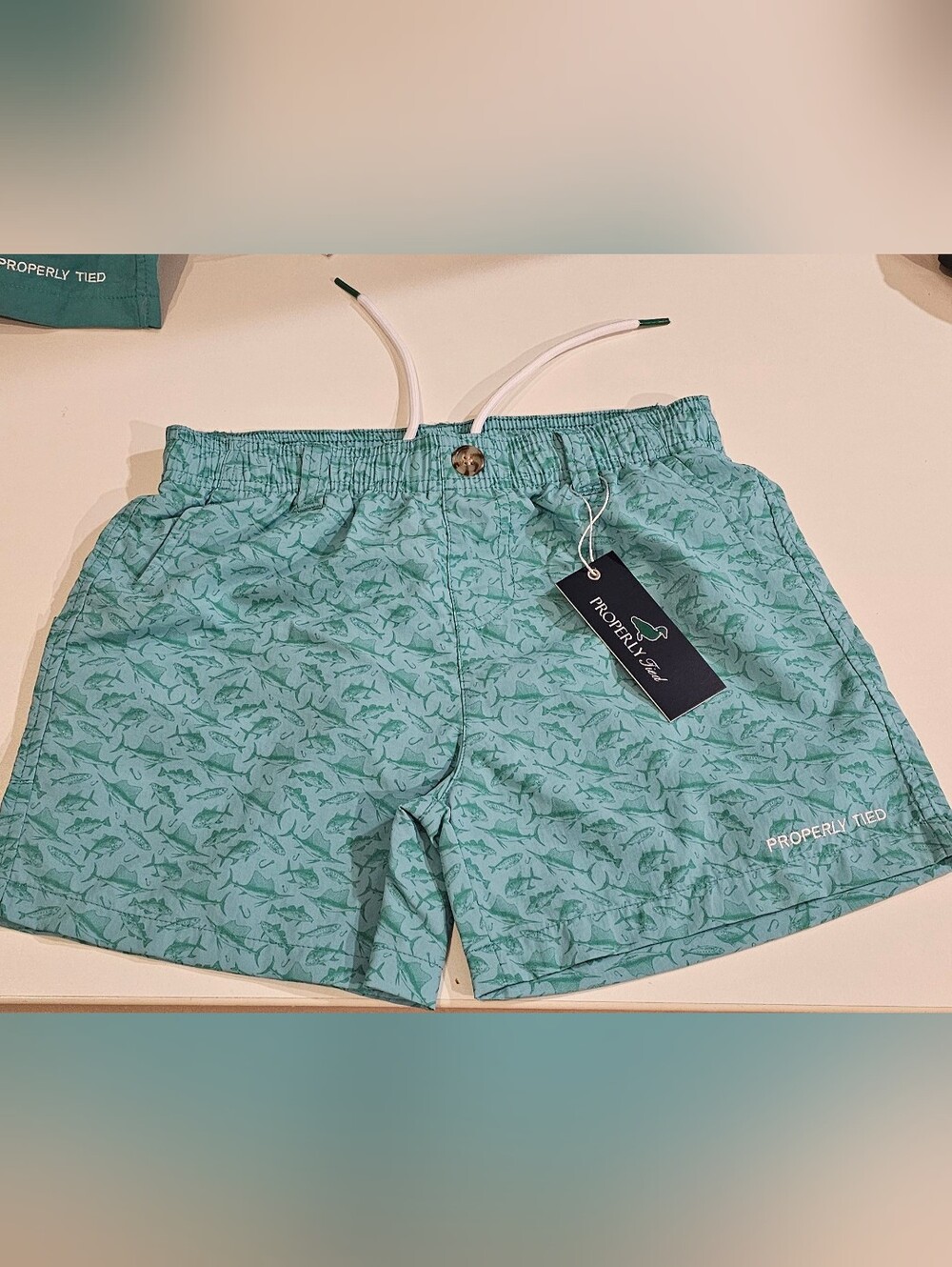 Properly Tied Kids' Mint Green Marlin And Fishes Sword Fish Print Mallard Shorts